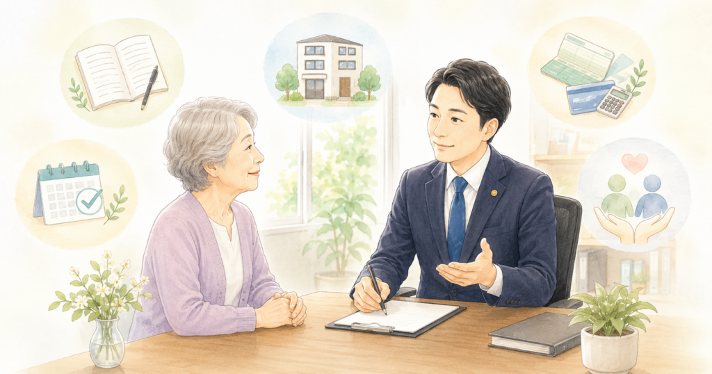 頼れる親族がいない方が将来の備えを専門家に相談するイメージ