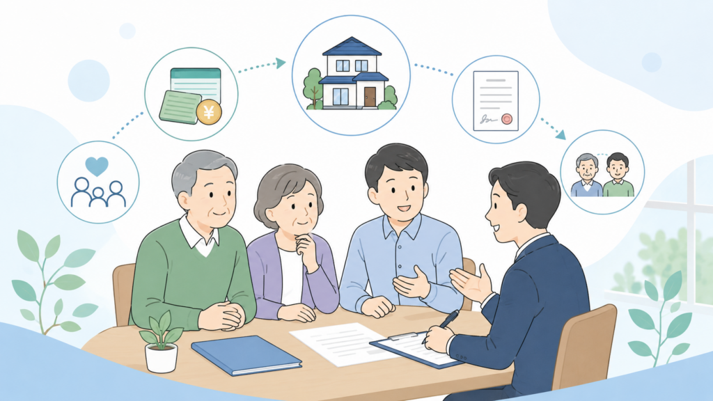 家族で将来を話し合う＋不動産・通帳・契約書の要素を少し入れたやさしいイラスト