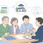 家族で将来を話し合う＋不動産・通帳・契約書の要素を少し入れたやさしいイラスト
