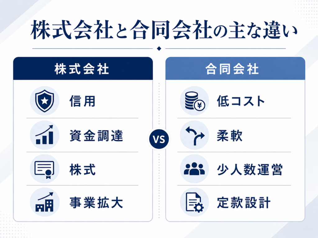 株式会社と合同会社の違いを設立費用や運営方法で比較した図解