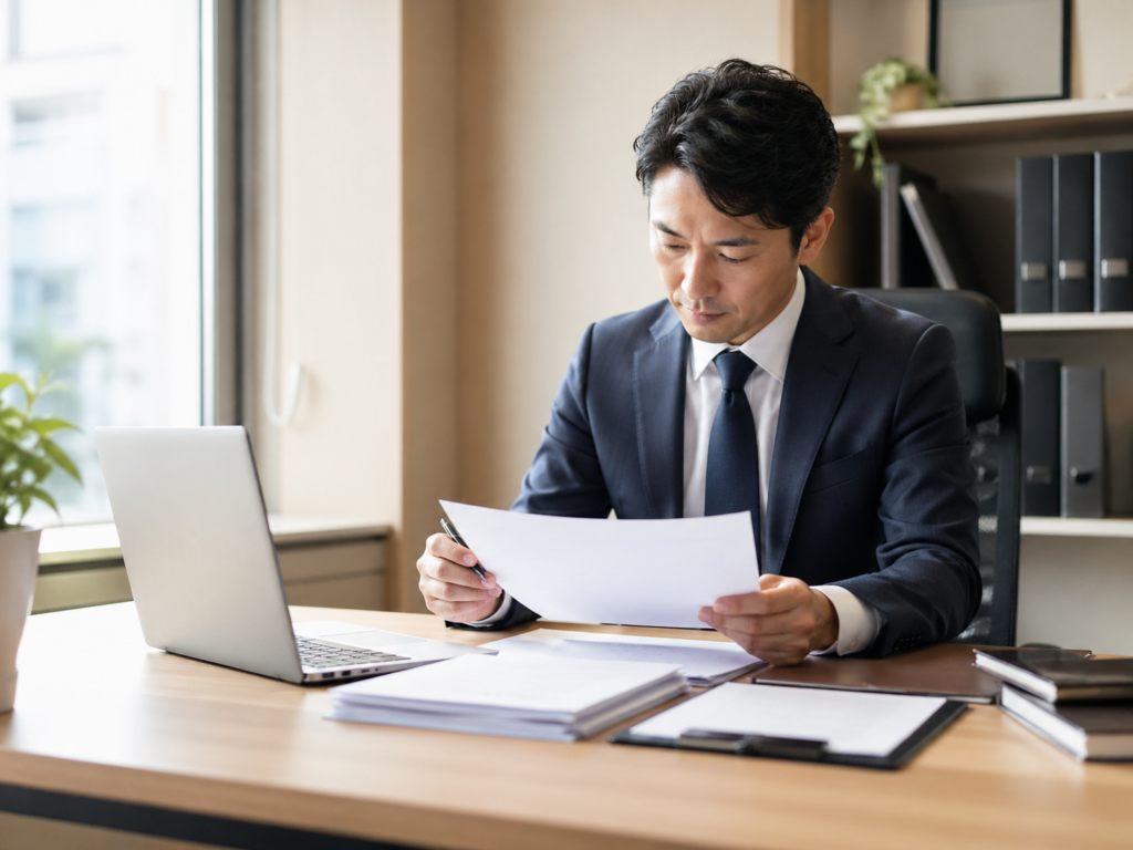 相続財産の資料を確認する司法書士