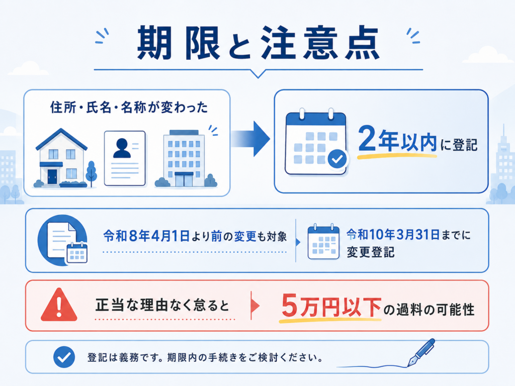 住所等変更登記の期限と注意点を整理したイメージ