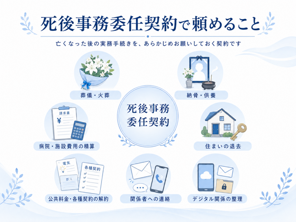 死後事務委任契約で依頼できる手続きを整理したイメージ