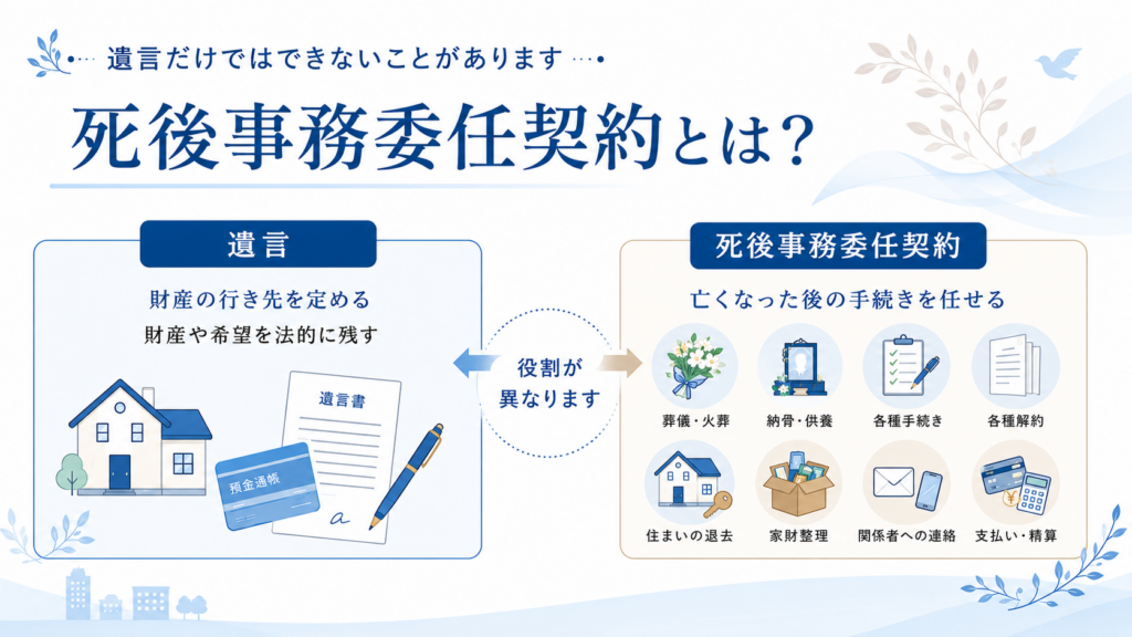 死後事務委任契約と遺言の違いを説明するイメージ
