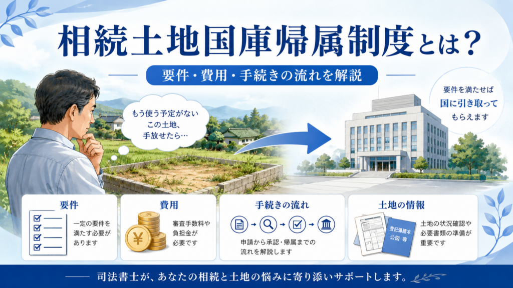 相続土地国庫帰属制度の要件・費用・手続きの流れを説明するイメージ