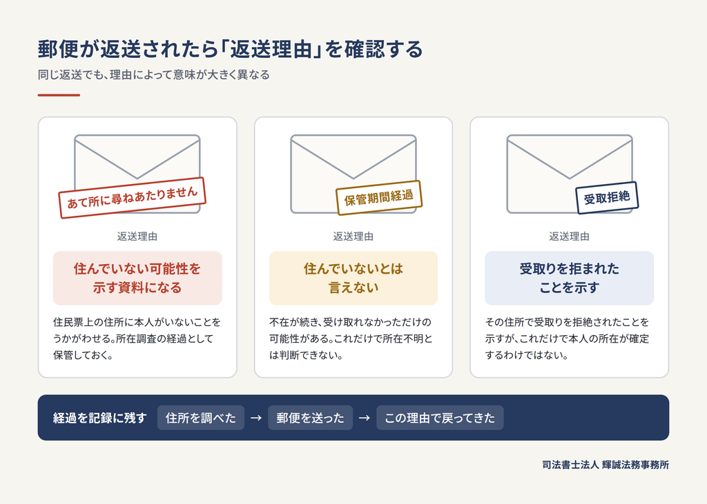 相続人への郵便が返送された場合の返送理由の違い