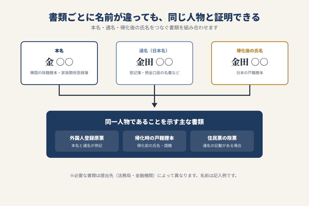 本名と通名と帰化後の氏名が書類ごとに異なっていても同一人物であることを証明する方法を示した図